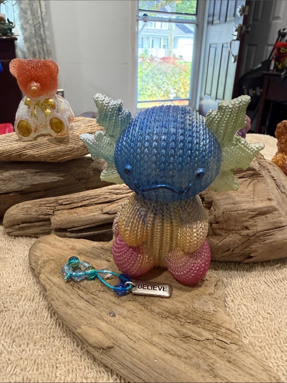 Hand-Painted Multicolor Resin Axolotl Figurine with 'Believe' Tag